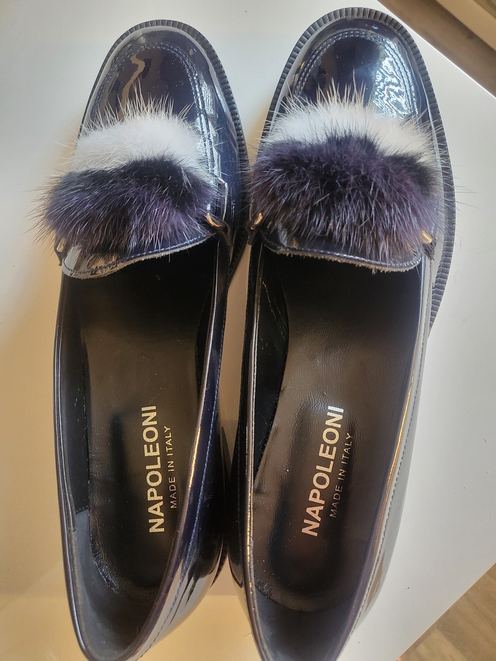 Napoleoni Women's Black Patent Loafers with Two-Tone Fur Trim